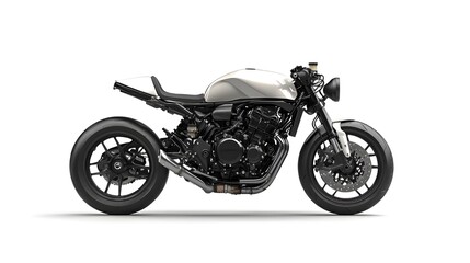 Fototapeta premium A powerful motorcycle in a static pose on a white background, emphasizing its sporty design and sleek features. The bike is shown in a side view, highlighting its details.