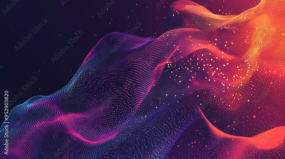 Poster abstract wavy pattern with glowing dots and lines