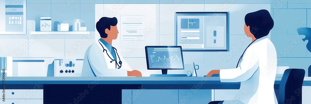 Poster a doctor in a white lab coat is attentively examining a patient in a clean and modern clinic room, u