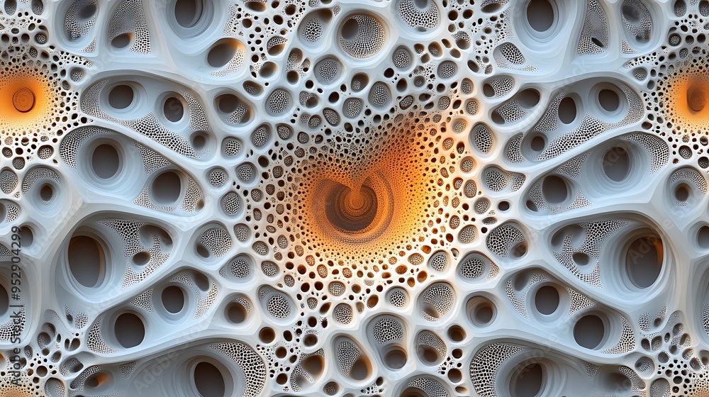 Poster abstract 3d render of interconnected circular shapes with an orange center
