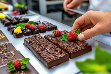 Handmade Dessert Chocolates, Fruity, and Intricate shown in a chocolatierâ€™s studio where fruity chocolates are being crafted with intricate designs and bold flavors