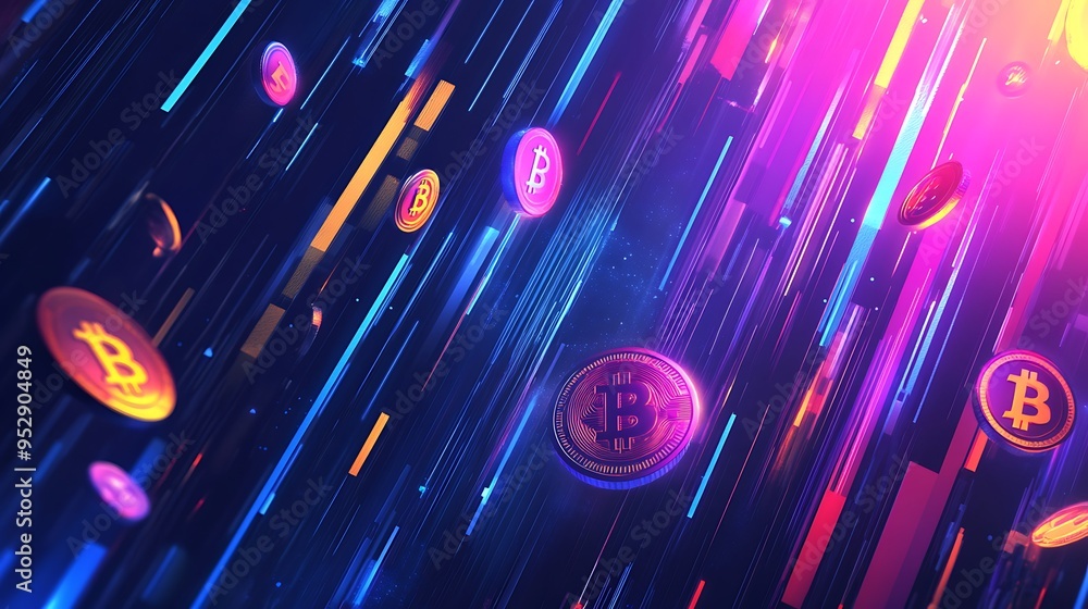 Aufkleber bitcoin coins falling through neon lines in abstract background