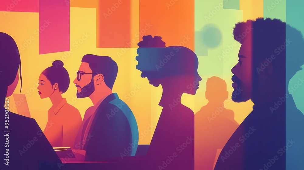 Fototapete A group of diverse people focuses intently on their computer screens in a lively modern workspace filled with colors. Generative AI
