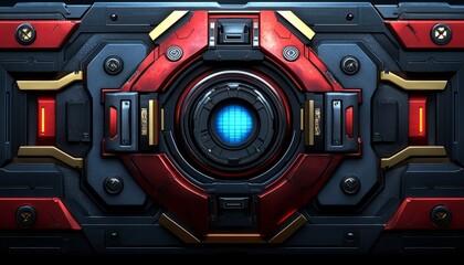 Fototapeta premium Futuristic Red and Gold Technology Panel with Blue Glowing Lens