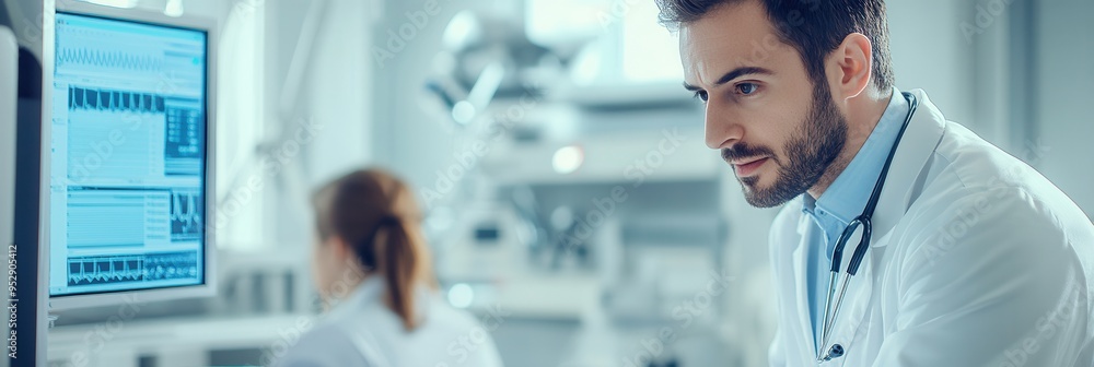 Poster a doctor attentively examines a patient using a stethoscope in a bright and modern clinic environmen