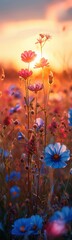 Obraz premium Flowers in a field with the sun setting behind them, vertical background, nature background