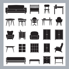Set of house furniture silhouette Chair, sofa, table, bed, dresser, wardrobe, bookshelf, dining table, armchair, desk, cabinet vector in white background