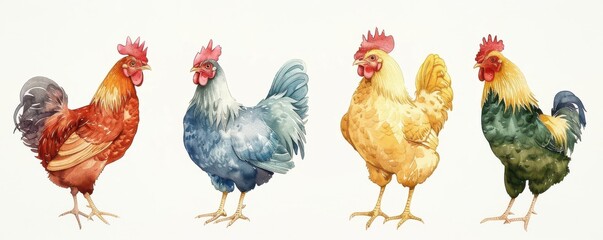 A colorful set of hand-drawn hens in various poses, showcasing their unique plumage.