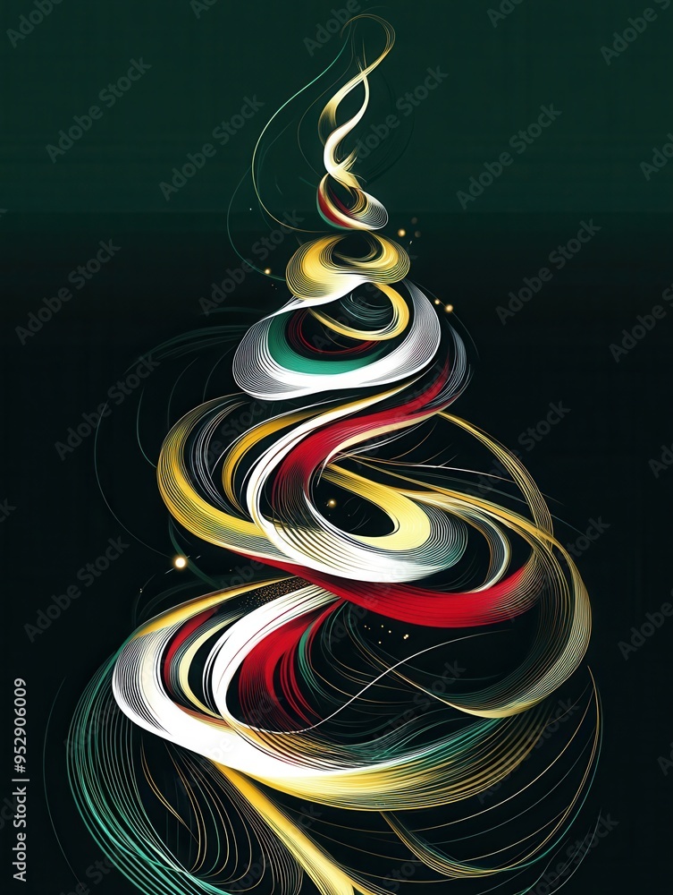 Poster colorful intertwined abstract lines elegantly form the silhouette of a christmas tree, creating a fe