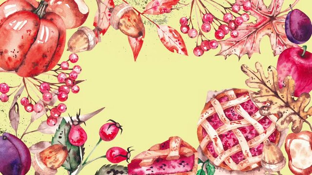Hand drawn watercolor autumn plants borger for video design, holidays, banners. Gradually appear drawn attributes of autumn (leaves and pumpkin, berries) background. Approaching