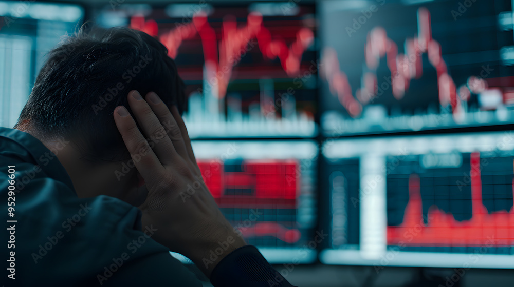 Aufkleber Stressed Investor Looking at Multiple Screens Displaying Stock Market Data | Financial Uncertainty and Market Volatility