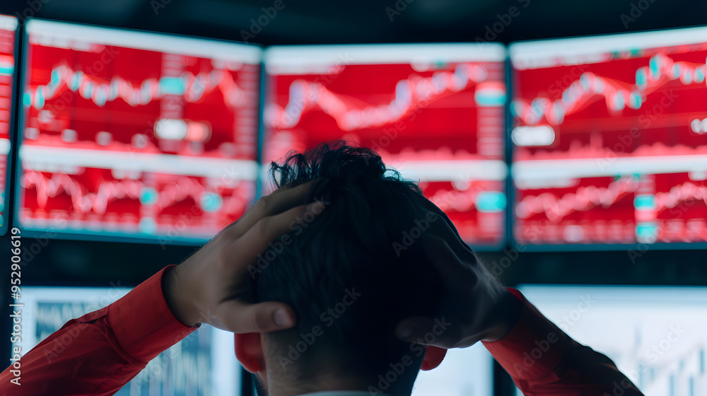 Poster Stressed Investor Looking at Multiple Screens Displaying Stock Market Data | Financial Uncertainty and Market Volatility