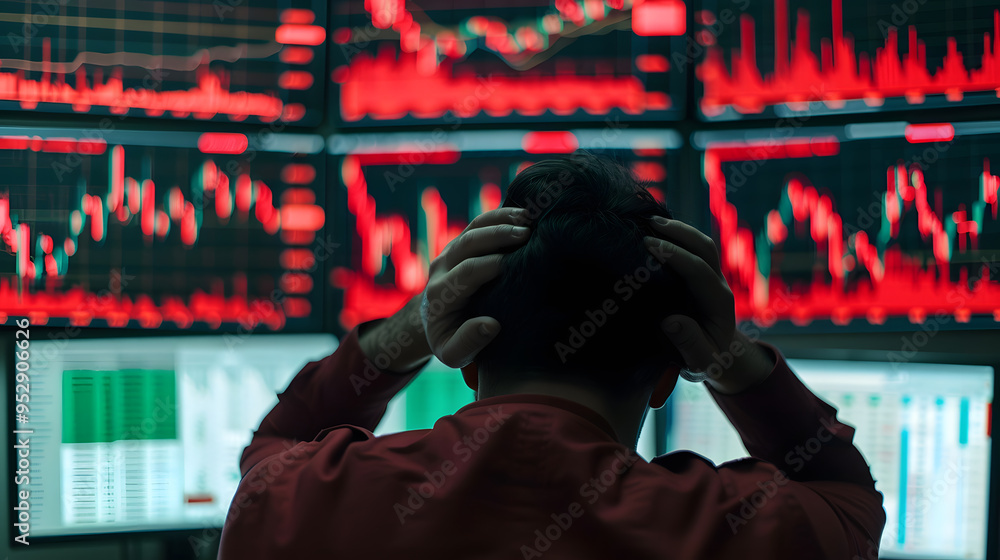 Poster stressed investor looking at multiple screens displaying stock market data | financial uncertainty a