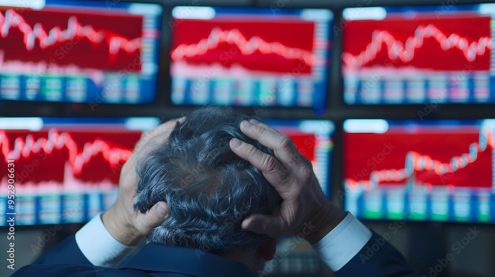 Aufkleber stressed investor looking at multiple screens displaying stock market data | financial uncertainty a