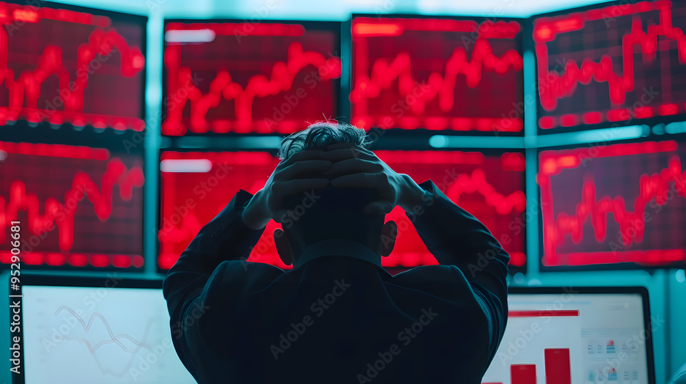 Aufkleber Stressed Investor Looking at Multiple Screens Displaying Stock Market Data | Financial Uncertainty and Market Volatility