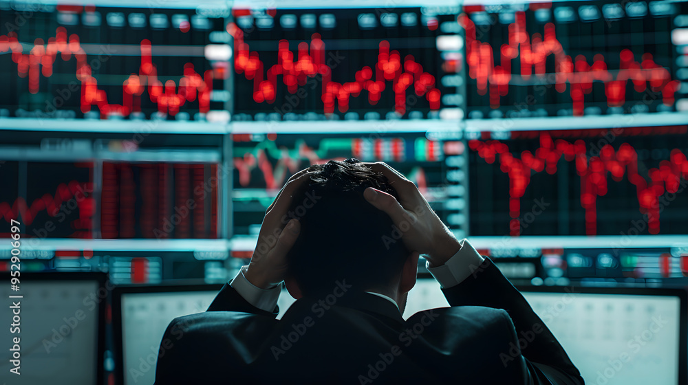 Aufkleber stressed investor looking at multiple screens displaying stock market data | financial uncertainty a