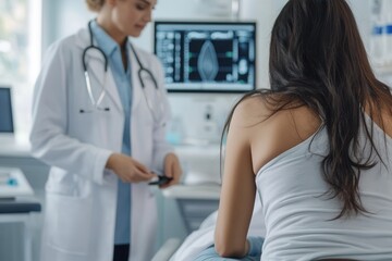 Fototapeta premium A doctor attentively examines a patient in a contemporary clinic using a stethoscope, providing care and professionalism. Generative AI