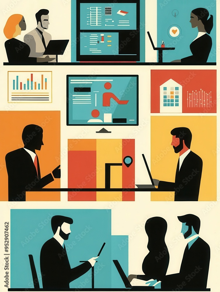 Aufkleber A diverse team of professionals engages in focused work, using computers while reviewing data in a contemporary office setting. Generative AI