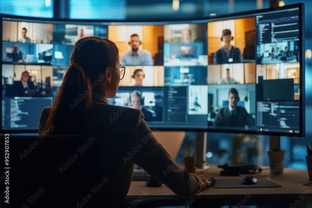 Poster individuals engage in a collaborative virtual meeting, displaying various participants on several sc