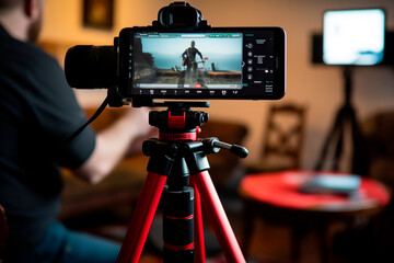 Close up of a smartphone on a tripod stand being adjusted for optimal filming angle