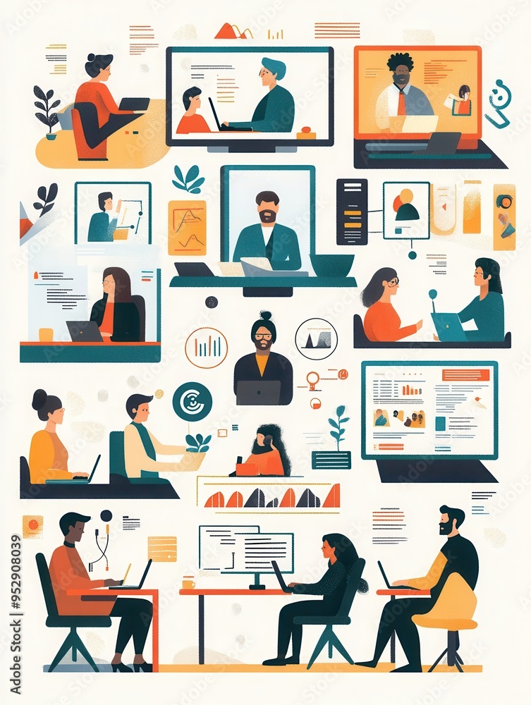 Poster a group of diverse people is actively participating in virtual meetings and working on computers in 