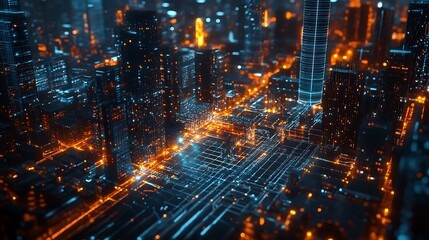 A Futuristic Cityscape with Glowing Towers and Networked Streets