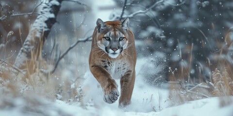 Mountain lion or cougar running down snowy hillside