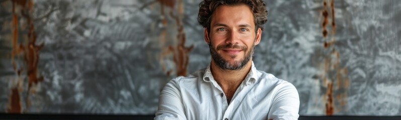 Obraz premium Man with a beard and a white shirt, portrait, banner, copy space