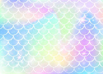 Kawaii mermaid background with princess rainbow scales pattern. Fish tail banner with magic sparkles and stars. Sea fantasy invitation for girlie party. Creative kawaii mermaid backdrop.