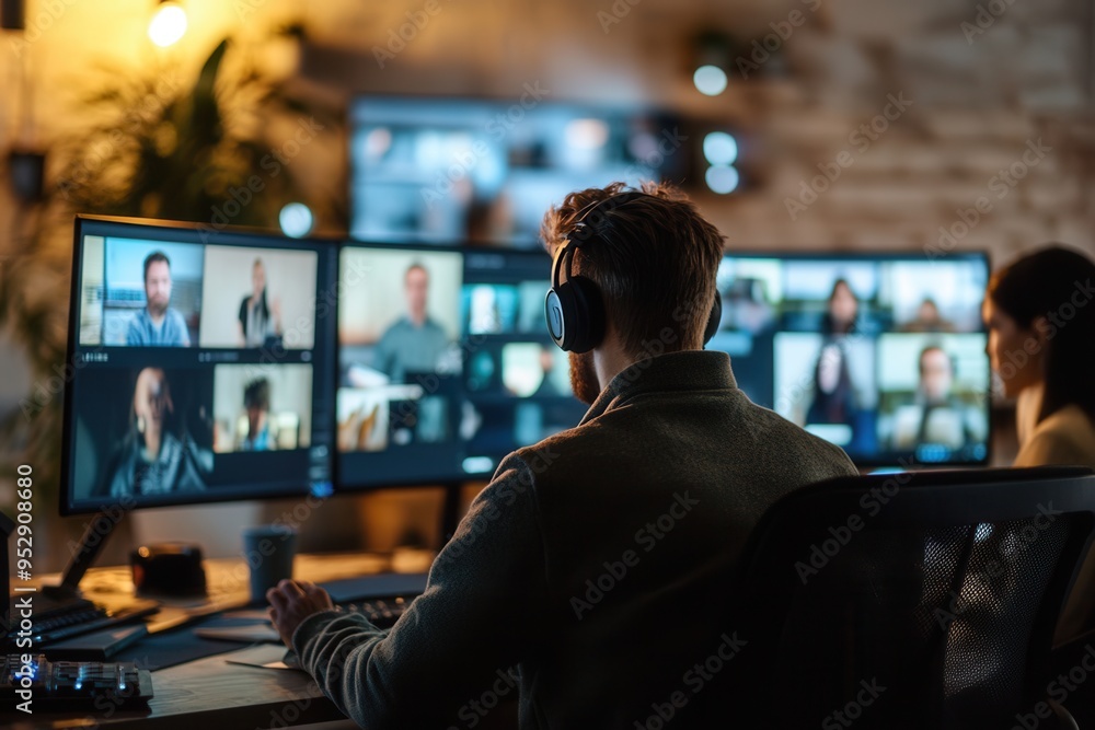 Poster individuals participate in a virtual meeting at home, focused on multiple computer screens showing o