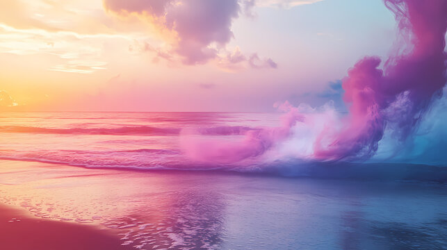 Sunset on the beach with color smoke blending into the sky a dreamlike fusion of natural and artificial beauty. Dreamlike. Illustration
