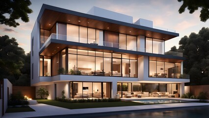 Fototapeta premium A large, modern house with a pool and a large glass window
