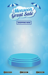 monsoon sale discount portait template banner with blank space 3d podium for social media post product sale with abstract gradient blue background design14