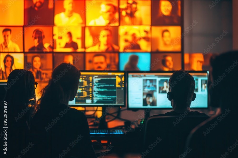 Aufkleber A group of individuals engages with multiple computer screens, showcasing vibrant visuals and collaborating effectively in a workspace. Generative AI