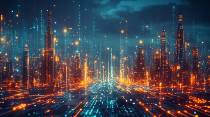 Fototapeta premium Futuristic Cityscape with Glowing Lines and Towers