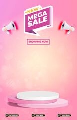 new mega sale discount portait template banner with blank space 3d podium for social media post product sale with abstract gradient pink background design