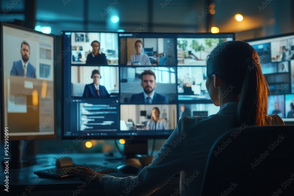 Poster several individuals participate in virtual meetings on computer screens in a contemporary office env