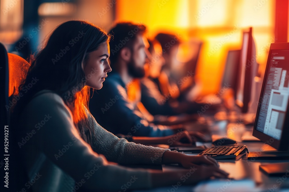 Poster individuals concentrate on their computer screens, illuminated by warm light in a busy office enviro
