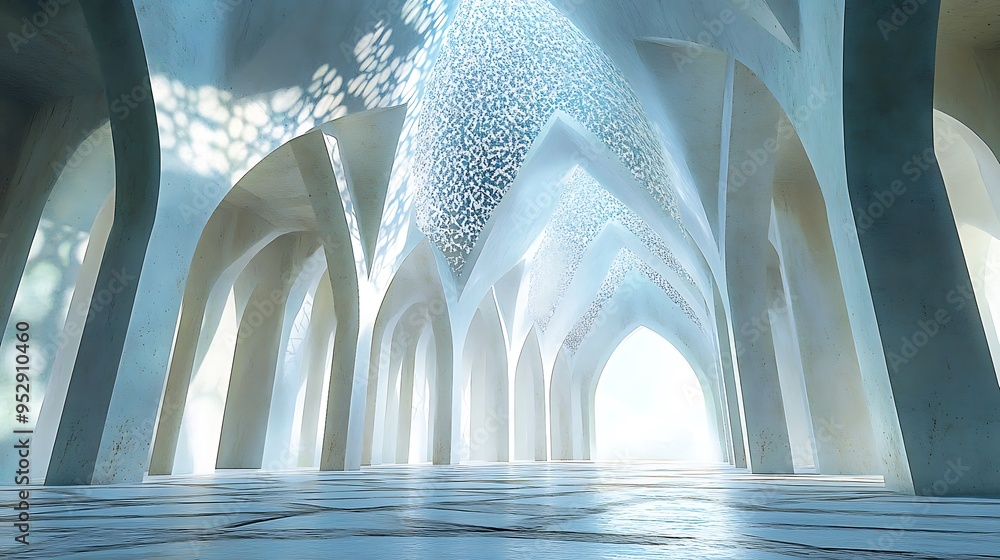 Poster abstract architectural structure with light filtering through a patterned ceiling
