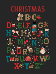 Fototapeta premium Christmas ABC alphabet symbols and letters vector illustration