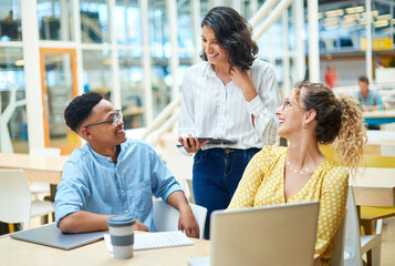 Laptop, training and group of business people brainstorming ideas or coaching on tablet. Team,...