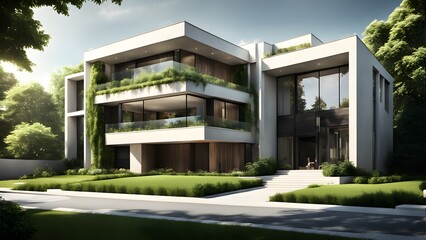 Fototapeta premium A large white house with a green roof and a white front door