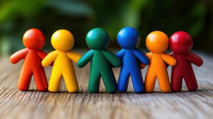 Six colorful figures standing in a row, holding hands on a wooden surface, symbolizing diversity, unity, teamwork, and community.