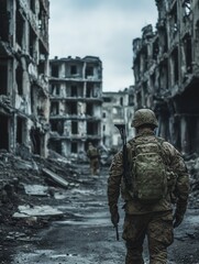 Obraz premium A soldier walks through a city destroyed by conflict, with remnants of buildings and fellow soldiers visible in the background. Generative AI