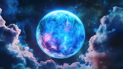 Fototapeta premium A Blue and Pink Planet in a Starry Sky with Clouds