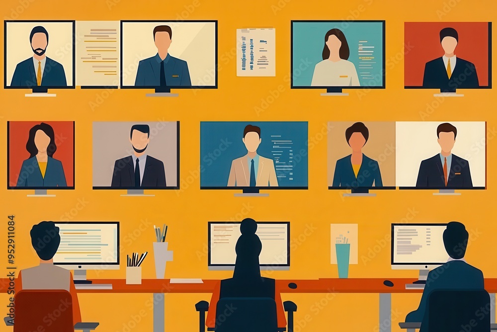 Aufkleber people are engaged in a virtual meeting, appearing on multiple screens in a contemporary office setu