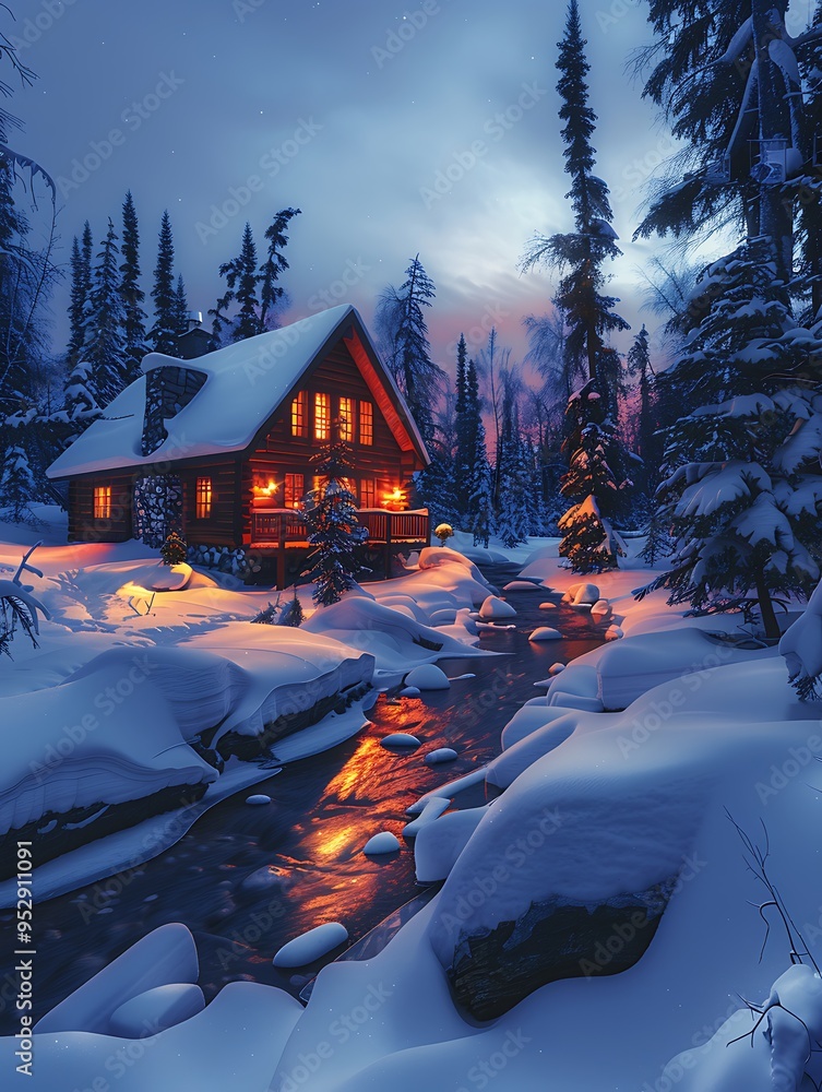 Poster a cozy log cabin with warm lights glows in a snowy forest, with a stream running by in the foregroun