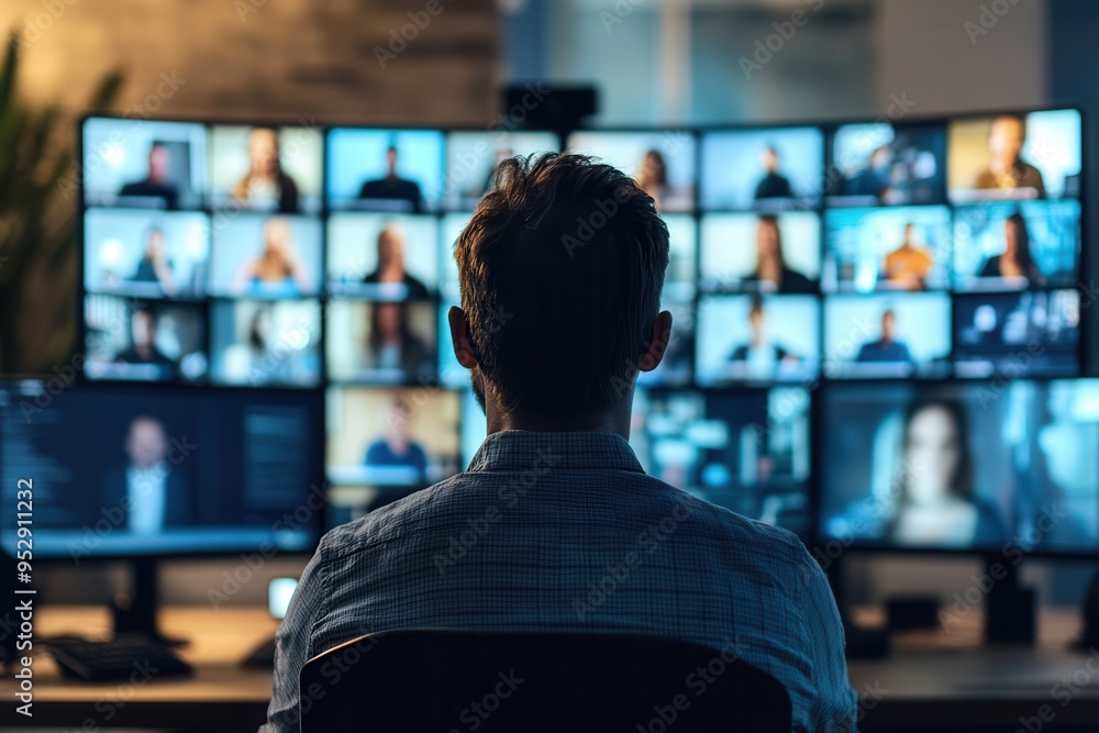 Poster a group of individuals participates in online discussions, facing multiple screens displaying variou