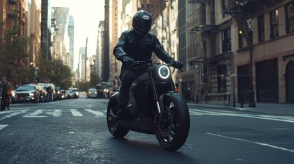 A rider on a black motorcycle drives through city streets