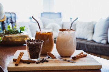 Horchata with cinnamon and coffee in a glass in Coffee Shop
